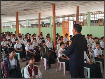 ဧရာဝတီတိုင်းဒေသကြီး၊ ဟင်္သာတမြို့၊ တာငါးဆယ်(မြောက်)ရပ်ကွက်ရှိ အမှတ်(၂)အခြေခံပညာအထက်တန်းကျောင်း၌ မီးဘေးကြိုတင်ကာကွယ်ရေး အသိပညာပေးဟောပြောပွဲနှင့် လက်တွေ့သရုပ်ပြ လေ့ကျင့်ဆောင်ရွက်မှု
