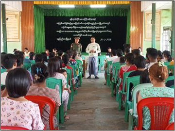 ရန်ကုန်တိုင်းဒေသကြီး၊ မင်္ဂလာဒုံခရိုင်၊ ရွှေပြည်သာမြို့နယ်၊ အမှတ်(၆)ရပ်ကွက်၊ ဘုရင့်နောင်လမ်း၊ အမှတ်(၁)အခြေခံပညာအထက်တန်းကျောင်း၊ ရွှေပြည်ရတနာခန်းမ၌ အကြမ်းဖက်ဖြစ်စဉ်များကြောင့် ယာယီနေရပ်စွန့်ခွာပြည်သူများအား ထောက်ပံ့ပေးအပ်ခြင်း အခမ်းအနားကျင်းပ