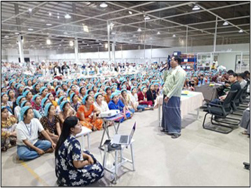 ရန်ကုန်တိုင်းဒေသကြီး၊ မင်္ဂလာဒုံခရိုင်၊ ရွှေပြည်သာမြို့နယ်၊ သာဓုကန်စက်မှုဇုန်၊ ကျောက်စိမ်းလမ်းရှိ HERMITE Co.,Ltd ၌ ပြည်သူ့စစ်မှုထမ်းဥပဒေ၊ နည်းဥပဒေများနှင့်ပတ်သက်၍ အသိပညာပေး ဟောပြောပွဲ ကျင်းပ