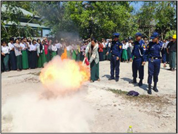ဧရာဝတီတိုင်းဒေသကြီး၊ ဒေးဒရဲမြို့နယ်၊ တော်ကမယ်ကျေးရွာ၊ အခြေခံပညာအထက်တန်းကျောင်းတွင် မီးဘေးကြိုတင်ကာကွယ်ရေး အသိပညာပေးဟောပြောပွဲနှင့် လက်တွေ့သရုပ်ပြလေ့ကျင့်ဆောင်ရွက်မှု 