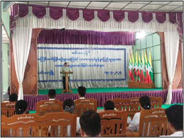 ရှမ်းပြည်နယ်၊ လင်းခေးခရိုင်၊ လင်းခေးမြို့၊ နွယ်ဝတီခန်းမ၌ အကြမ်းဖက်ဖြစ်စဉ်များကြောင့် ယာယီ နေရပ်စွန့်ခွာပြည်သူများအား ထောက်ပံ့ငွေပေးအပ်ခြင်းအခမ်းအနား ကျင်းပ