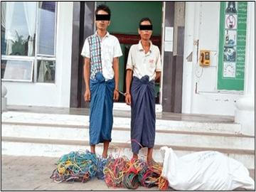 နေပြည်တော်ကောင်စီနယ်မြေ၊ ဇမ္ဗူသီရိမြို့နယ်၌ လျှပ်စစ်မီးကြိုးများ ဖြတ်တောက်ခိုးယူသူ အမျိုးသား နှစ်ဦးအား ဖမ်းဆီးအရေးယူ