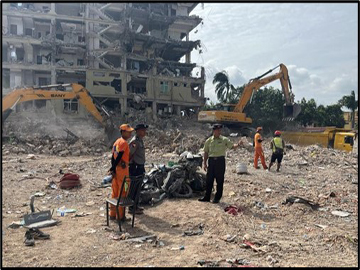 မန္တလေးတိုင်းဒေသကြီး၊ အောင်မြေသာစံခရိုင်၊ အောင်မြေသာစံမြို့နယ်၊ အနှိပ်တော်ရပ်ကွက်ရှိ Sky Villa Condo အဆောက်အအုံ ဖြိုချနေမှုအခြေအနေများအား ကြည့်ရှုစစ်ဆေး
