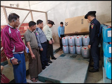 မန္တလေးတိုင်းဒေသကြီး၊ မဟာအောင်မြေခရိုင်၊ ပြည်ကြီးတံခွန်မြို့နယ်၊ စလုံးရပ်ကွက်ရှိ “TOYO” ဘက်ထရီနှင့် ကွန်ပေါင်းအက်စစ်လုပ်ငန်းတွင် ထိန်းချုပ်ဓာတုပစ္စည်းသိုလှောင်မှု အခြေအနေများအား ကွင်းဆင်းစစ်ဆေး